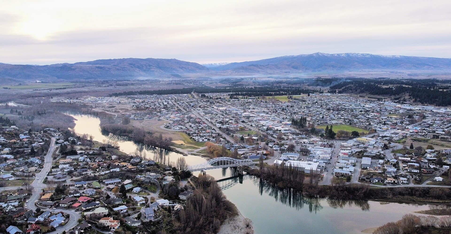 Alexandra, New Zealand: A photo of Alexandra, New Zealand, taken from a drone over the Clutha River / Mata-Au, facing towards the North